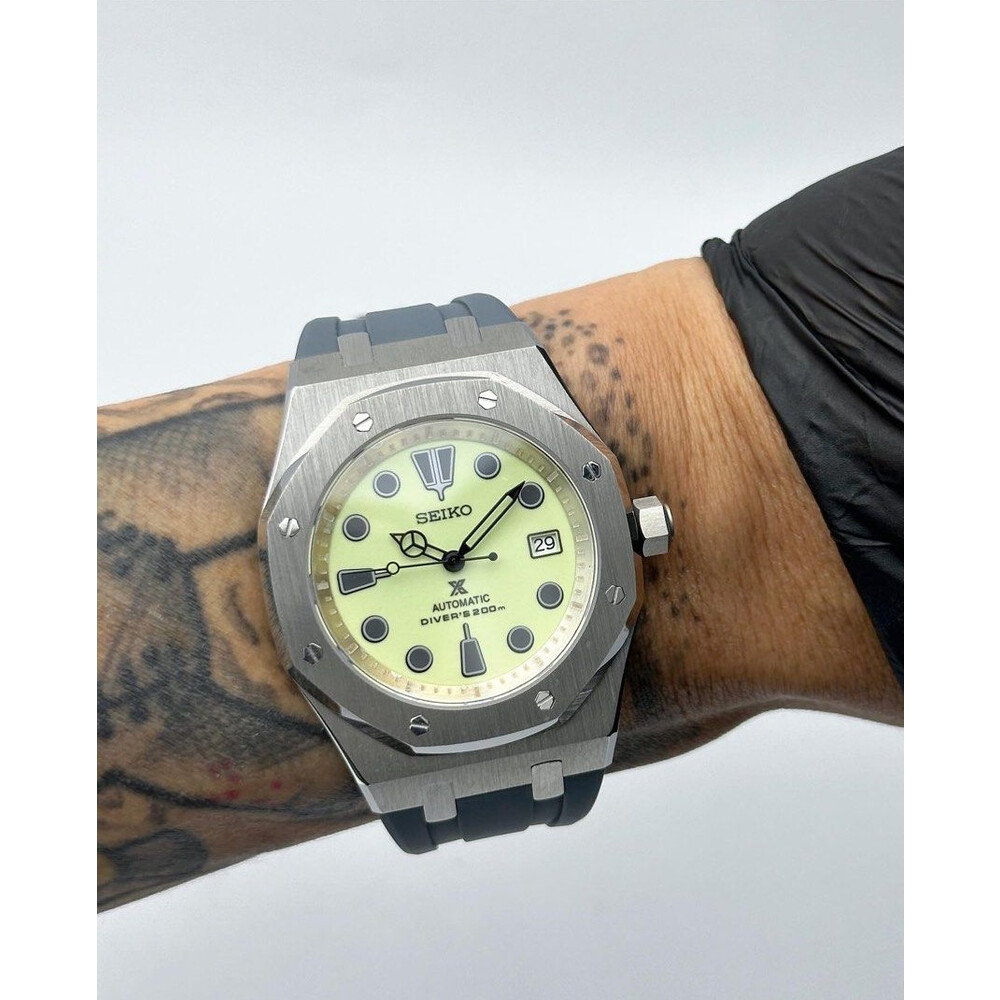 Custom Seiko Mod • Full Lume AP on Grey Rubber Strap • 42mm